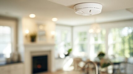 Naklejka premium Smoke alarm in modern kitchen during daytime with bright windows and fireplace