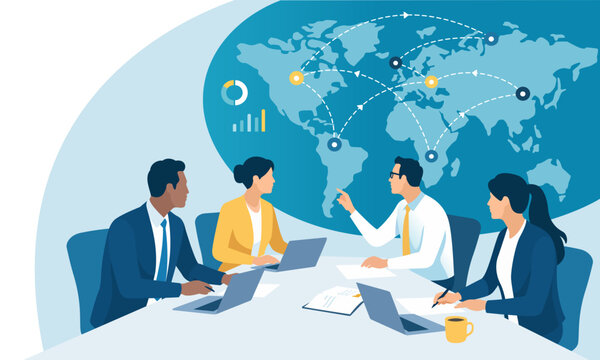 Global business, investing strategy. A business team is sitting at a table and the leader is pointing at a world map.Business vector illustration.