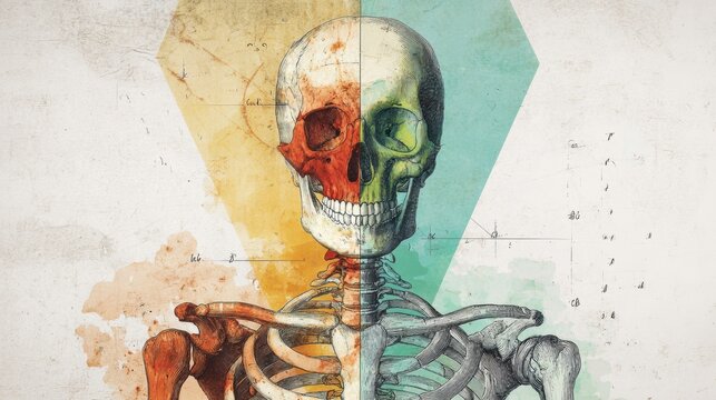 Detailed view of a human skeleton with colored sections for anatomy study
