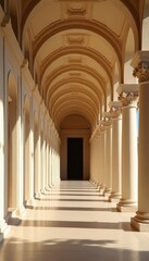 Obraz premium Long arcade with repeating arches and columns, casting shadows. Ornate classical architecture leads to dark doorway. Sunlight illuminates pathway with geometric patterns.