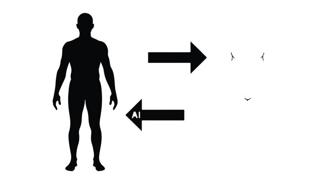 Silhouette of person with arrows pointing in opposite directions on white background, symbolizing choices, decisions, or conflicting directions in life, business, or career