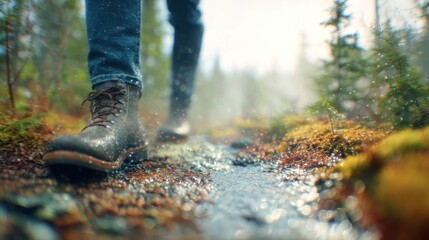 Fototapeta premium Walking on a wet trail in a forest during a rainy day in nature