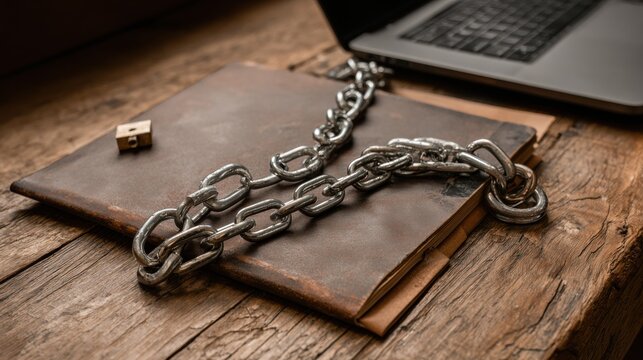Notebook locked with a chain and padlock next to a laptop on a wooden table