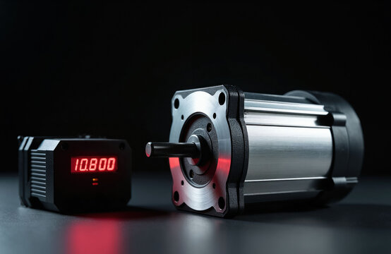 Industrial servo motor and digital display unit. Precision electric components for automation and robotics. Advanced mechanical engineering for motion control.