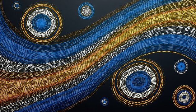 Abstract artwork in aboriginal dot painting style. Blue yellow white dots on black background form wavy stripes and circles. Organic pattern evokes Australian nature and culture.