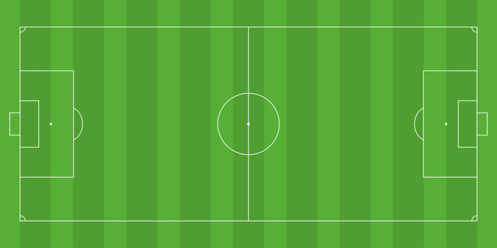 Clean top down illustration of a soccer field with green striped grass and white markings. Ideal for sports themes, backgrounds, strategy visuals, and football related designs.