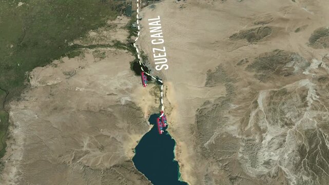 Aerial view of Suez Canal shipping route in Egypt connecting Red Sea and Mediterranean