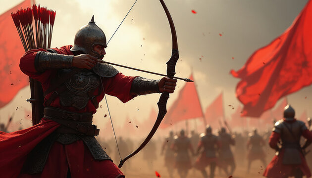 Warrior in red armor aims bow with arrows during battle. Army with red flags charges across dusty field. Intense combat scene with focused soldier ready to strike.