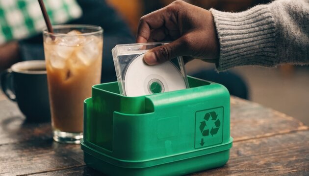 Medium shot focusing on a customer returning a reusable disc case to a clearly marked return bin while the environment around fades gently out of focus.