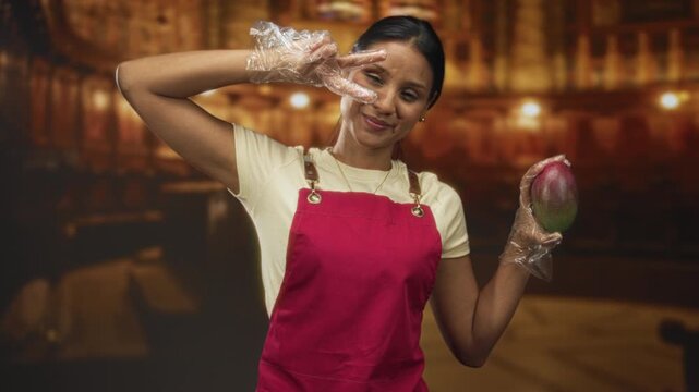 Woman in pink apron holding mango with gloved hand makes v sign over eye in studio; playful delight.