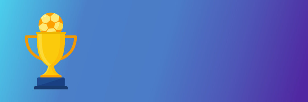 Bright illustration of a golden trophy topped with a soccer ball on a smooth blue to purple gradient background. Ideal for sports awards, victory themes, and competition designs.
