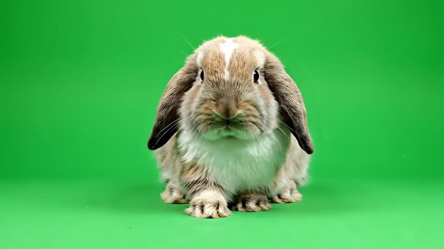 Adorable LopEared Rabbit Poses on a Vibrant Green Screen Background.
