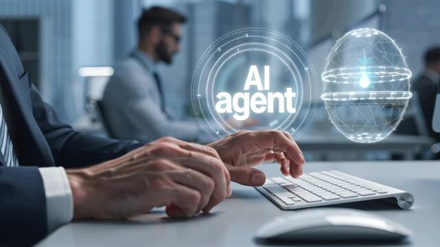 A businessman working at a desk, keyboard, and the description AI Agent
