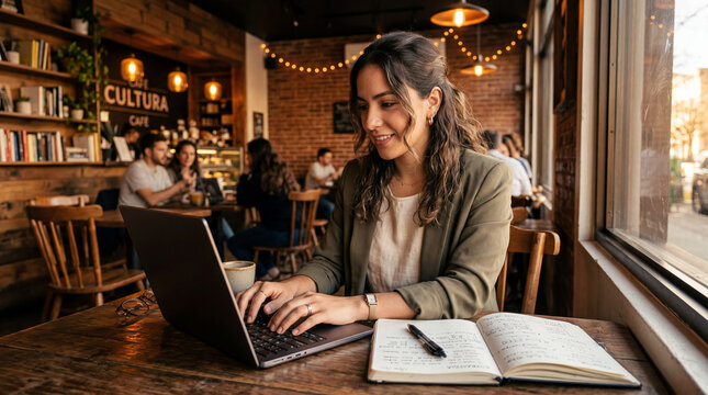 People collaborate in a cafe space while freelancers work on laptops during a busy afternoon at a tech startup
