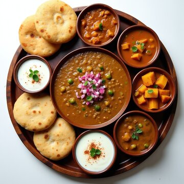 Indian meal dal bati churma served with yogurt dip and flatbreads. Aromatic chickpea curry dish with lentils vegetables and spices. Healthy vegetarian food assortment.