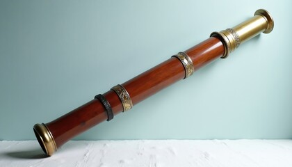 Fototapeta premium Antique wooden telescope with brass fittings rests on a textured surface against a pale blue wall. This vintage instrument suggests maritime exploration science and historical discovery.