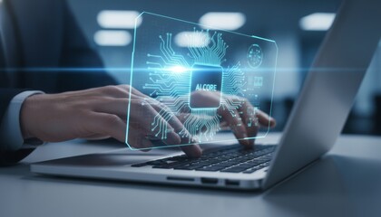 Fototapeta premium Business professional working with futuristic ai core interface on laptop