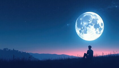 Fototapeta premium Person sits on grass hill watching giant full moon in starry night sky. Silhouette of man contemplates vast universe, serene landscape under moonlight glow.