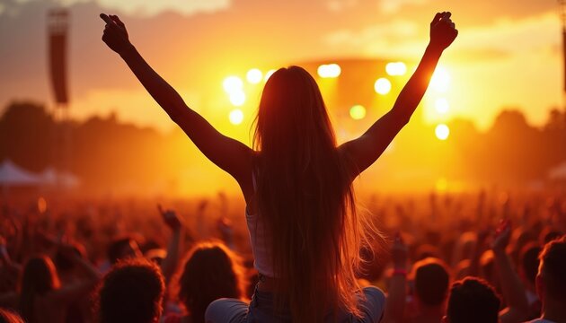 Woman sits on shoulders at concert with raised arms. Crowd cheers under bright sunset sky. Energetic music event, warm atmosphere, happy people celebrate.