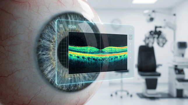 Close-Up OCT Retinal Scan of Human Eye in Ophthalmology Clinic