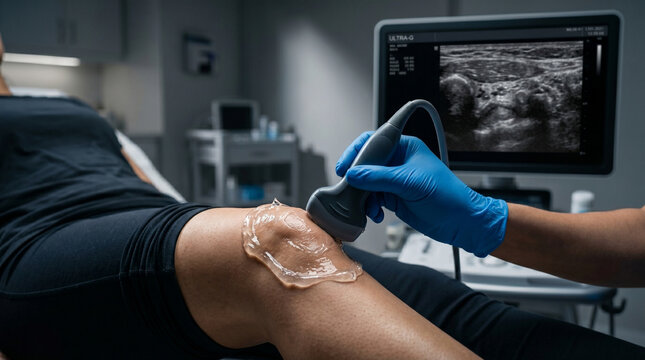 Medical Professional Performing Ultrasound Scan On Patients Knee In Clinic For Diagnostic Procedures ,Ultrasound Scan and Medical Imaging Diagnostic Procedure, sonography 