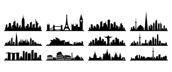 Fototapeta premium Iconic Cityscape Silhouettes: World Landmarks and Urban Skylines Vector Collection