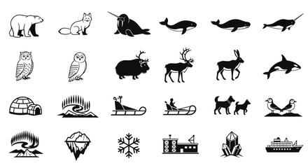 Obraz premium Arctic North Pole life with various animals landscapes and travel elements line art