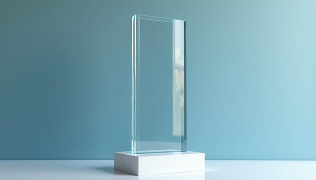 Clear glass rectangle trophy on white stand. Minimalist award object for recognition or achievement. Modern sleek design blank for personalization.