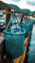 Fototapeta premium Closeup of vibrant turquoise fishing nets filled with catch, hanging from weathered wooden posts on pier with blurred coastal town and mountains in background, evoking sense of maritime activity and t