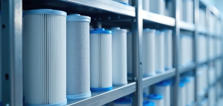 Water filters arranged neatly on shelves. Clean water purification cartridges ready for use. Technology for liquid filtration and treatment systems.