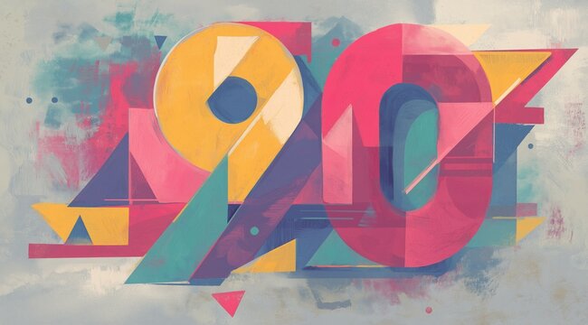 Abstract geometric art featuring the number 90. Colorful textured composition with triangles and circles. Retro graphic design background