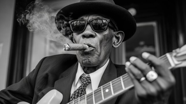 monochrome portrait older black man guitarist fedora sunglasses suit cigar smoke electric guitar fretboard