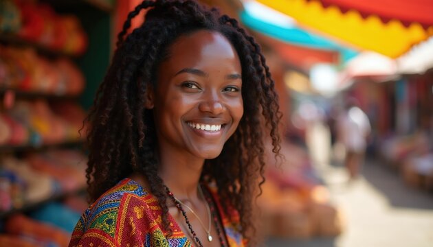 Smiling Black woman with curly hair poses at busy African market with colorful stalls. She wears a patterned outfit and appears joyful. Her positive expression conveys happiness and confidence.