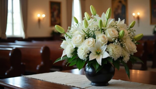 White floral arrangement in black vase on table inside church or funeral home. Roses lilies and greenery create elegant decor for memorial service or solemn religious gathering. Peaceful sympathy.