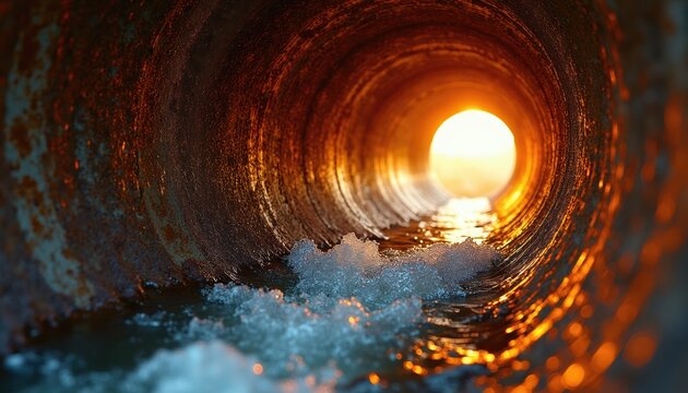 Inside old rusted pipe tunnel water flows toward bright light. Grungy industrial passage features textured walls with wet surface. setting with dramatic warm illumination.