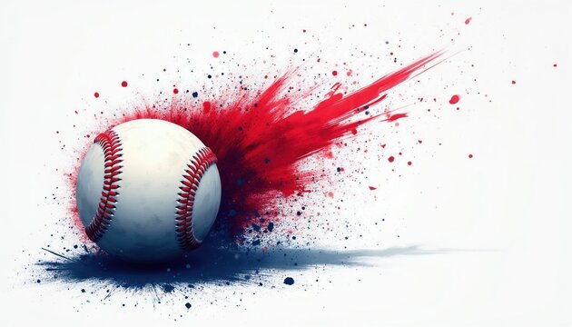 Baseball explodes with motion, energy on clean white background. Red, blue paint splatters burst outwards from ball, creating dynamic lines, specks. Illustration conveys speed, power, excitement of