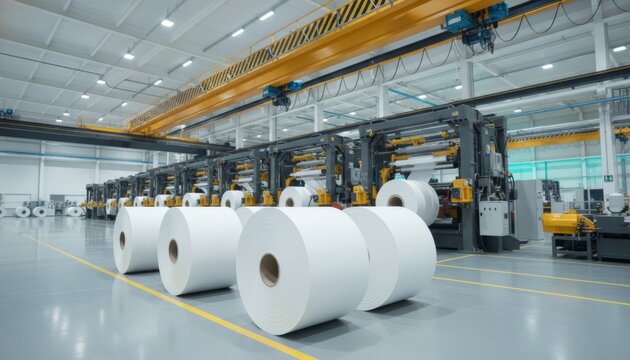 Modern industrial paper mill production line with large rolls of white paper