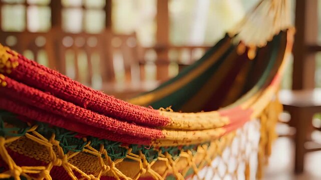 Colorful Hammock Hanging on a Porch for Relaxation.