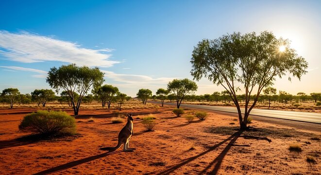 Australian outback landscape with a kangaroo at sunset