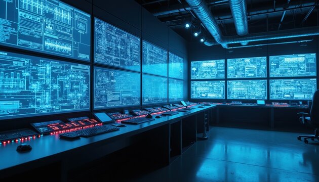 Control room with many screens showing complex data, blue glowing schematics displayed. Desks with keyboards, buttons, central monitoring station, industrial equipment, high tech facility operations.