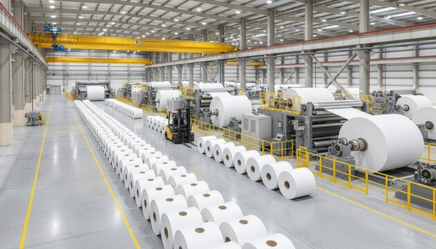 Industrial paper mill with large white paper rolls and manufacturing machinery