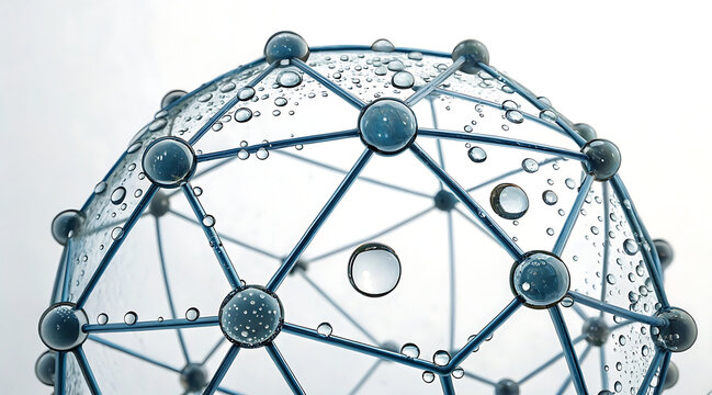 Abstract sphere formed from suspended petroleum droplets connected by blue struts conveying futuristic molecular network and delicate water