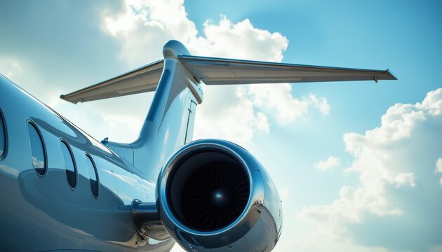 Close-up of private jet engine and tail. Sleek aircraft flies through cloudy blue sky. Luxury travel, business aviation and corporate transport.