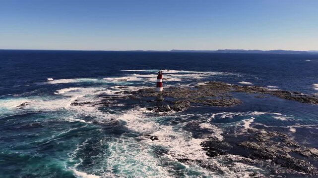 Aerial view of Haugjegla lighthouse near the village of Veiholmen in Smoela municipality, Norway.