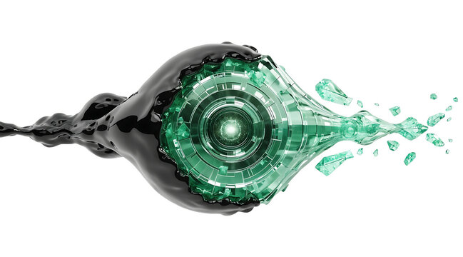 Black oil droplet transforming into green crystalline technology orb with splintering shards and glowing core, dynamic futuristic contrast