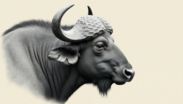 Detailed profile illustration of a water buffalo head. Majestic creature with large curved horns and textured coat. Realistic portrait for nature and farming themes.