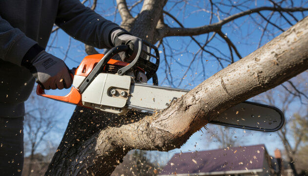 Professional tree trimming with a chainsaw outdoors