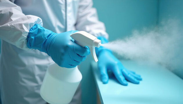 Person in blue gloves and white suit sprays cleaning liquid. Disinfection process for safety and hygiene. Sterilizing surface against germs. Pro sanitization for health.