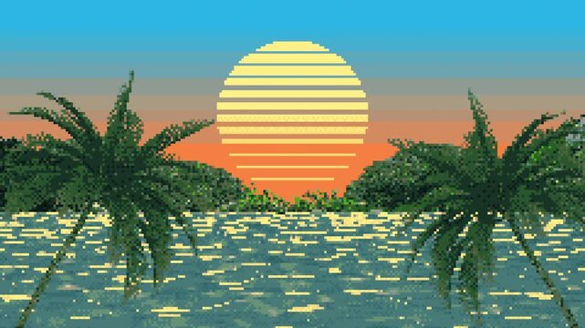 8-bit pixel background with a transition from sunny day to evening sunset on tropical island