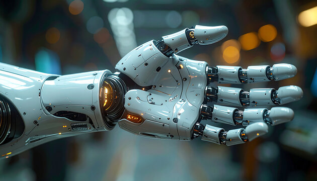 Cybernetic Arm: A close-up showcases the intricate design of a cybernetic arm, revealing the fusion of technology and the human form, hinting at the future of innovation.
